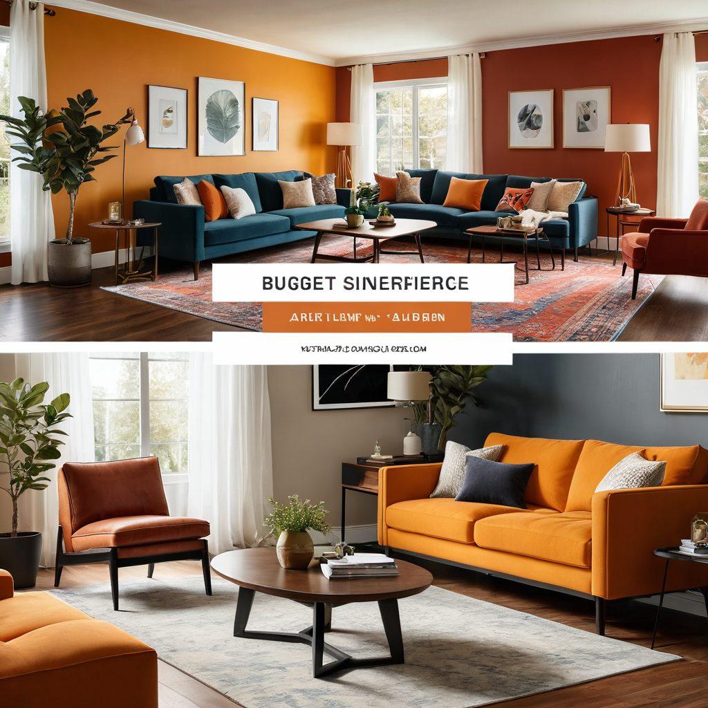 A stylish split image showing a cozy living room with budget-friendly furniture on one side and an elegant, high-end furniture setup on the other. Include an online shopping interface on a laptop with furniture images displayed, surrounded by price tags. Use warm and inviting colors to evoke a sense of home. super-realistic. vibrant colors. warm background.