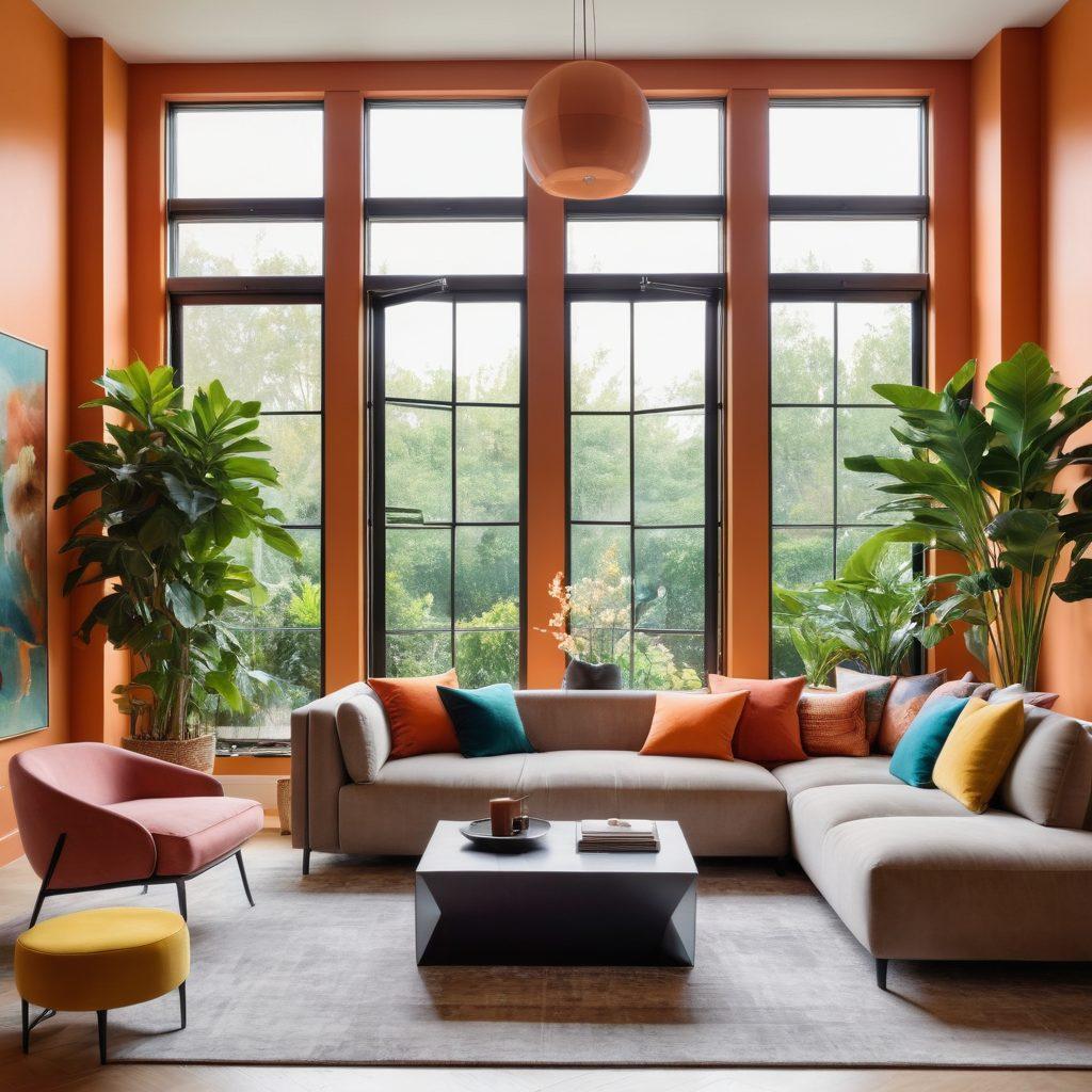 A cozy contemporary living room featuring a mix of elegant and functional furniture, such as a stylish sofa and a chic coffee table, surrounded by lush indoor plants. Soft, natural light filters through large windows, highlighting a vibrant color palette. Elements of modern design, like geometric shapes and minimalist decor, create a harmonious atmosphere. Include decorative accents like art pieces and cushions for added character. super-realistic. vibrant colors. warm lighting.
